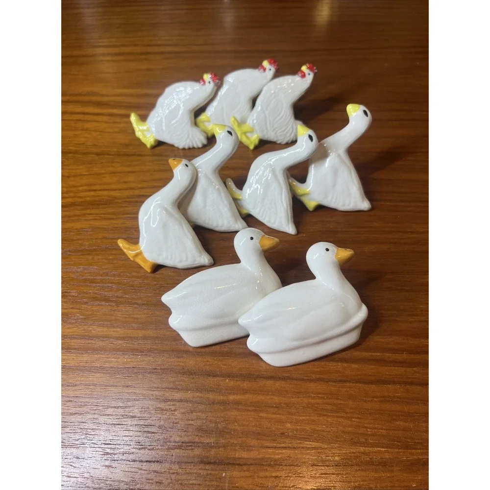 Set Of 9 Vintage White Ceramic Goose Duck Rooster NapkinRing Holders Cottagecore